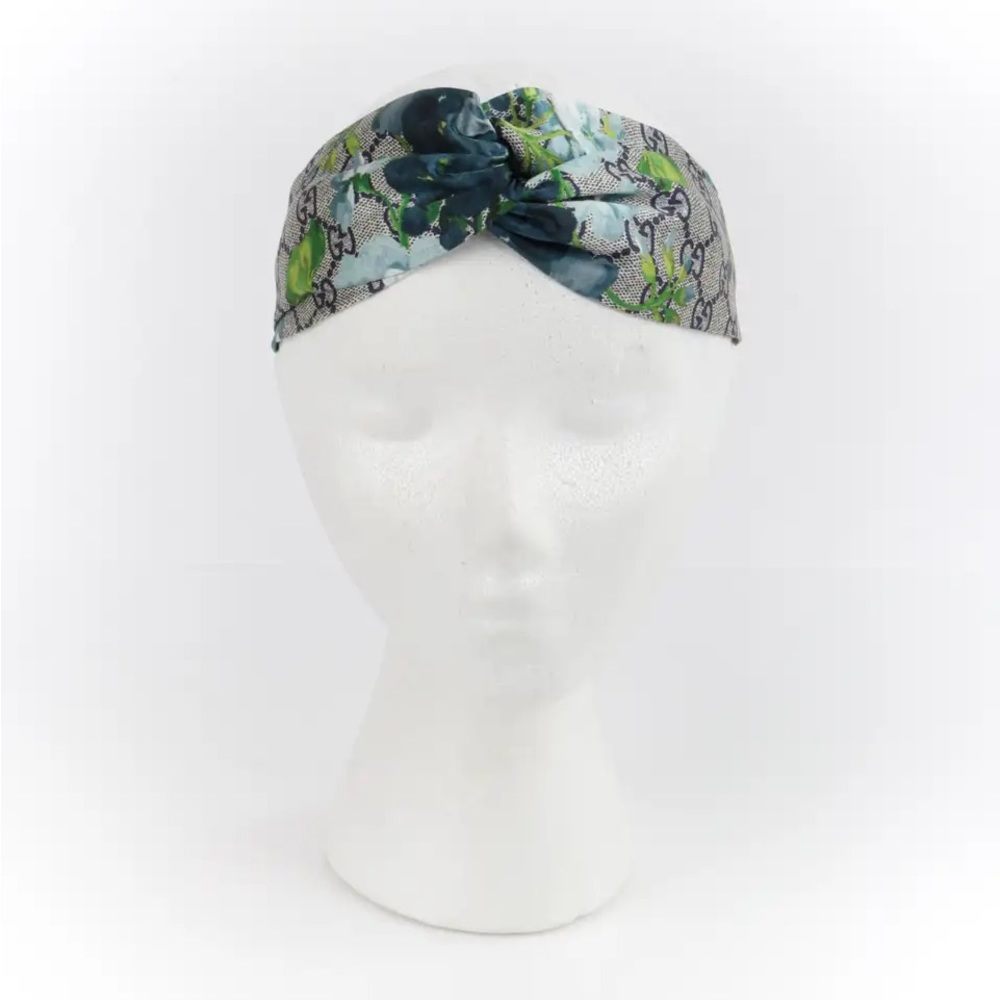 GUCCI “Blooms” Blue Gray GG Monogram Floral Knotted Silk Headband NWT - Picture 7 of 7